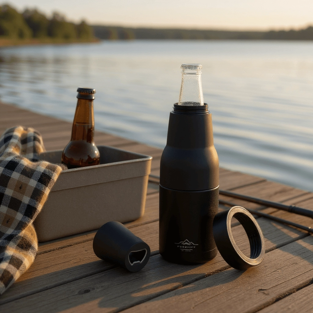 Black Frostify stubby holder parts by lake - modular drink cooler