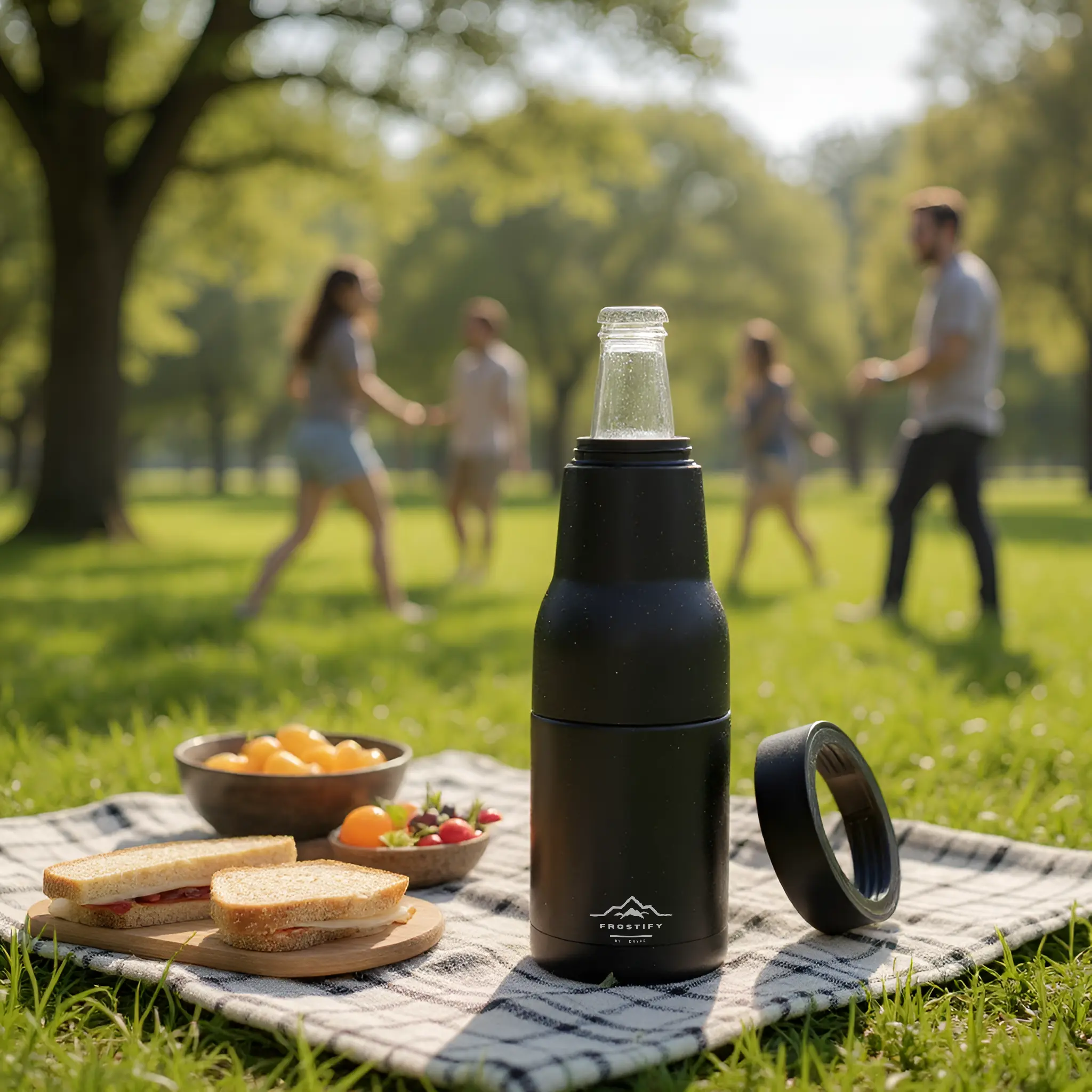 Black Frostify cooler with bottle and can lid during outdoor picnic - insulated drink cooler