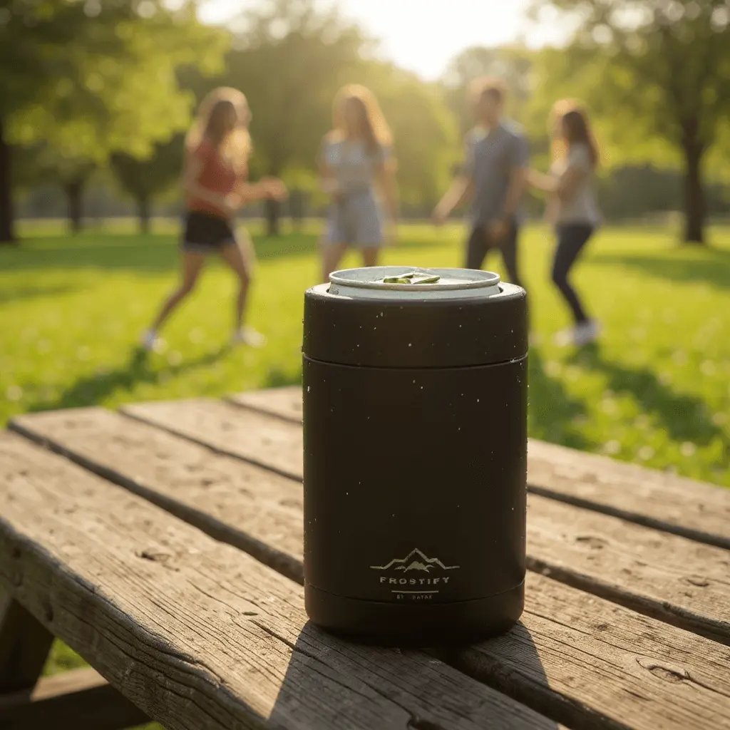 Black Frostify beer cooler on table with sunlight and people playing outdoors