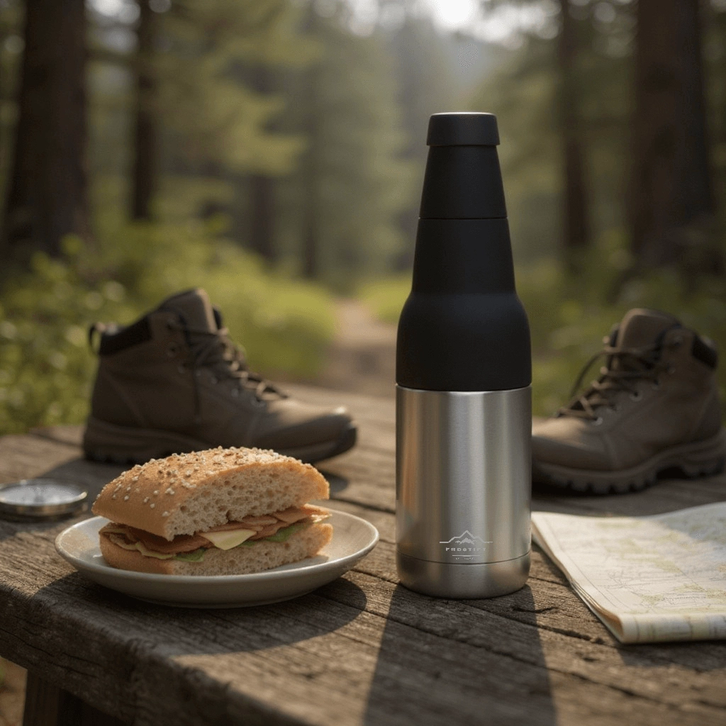 Silver Frostify cooler on wooden table in jungle with burger and hiking gear